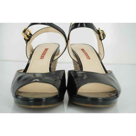 Prada Sport Black Patent Ankle Strap Woven Raffia Wedge Heel Sandals - Picture 8 of 12